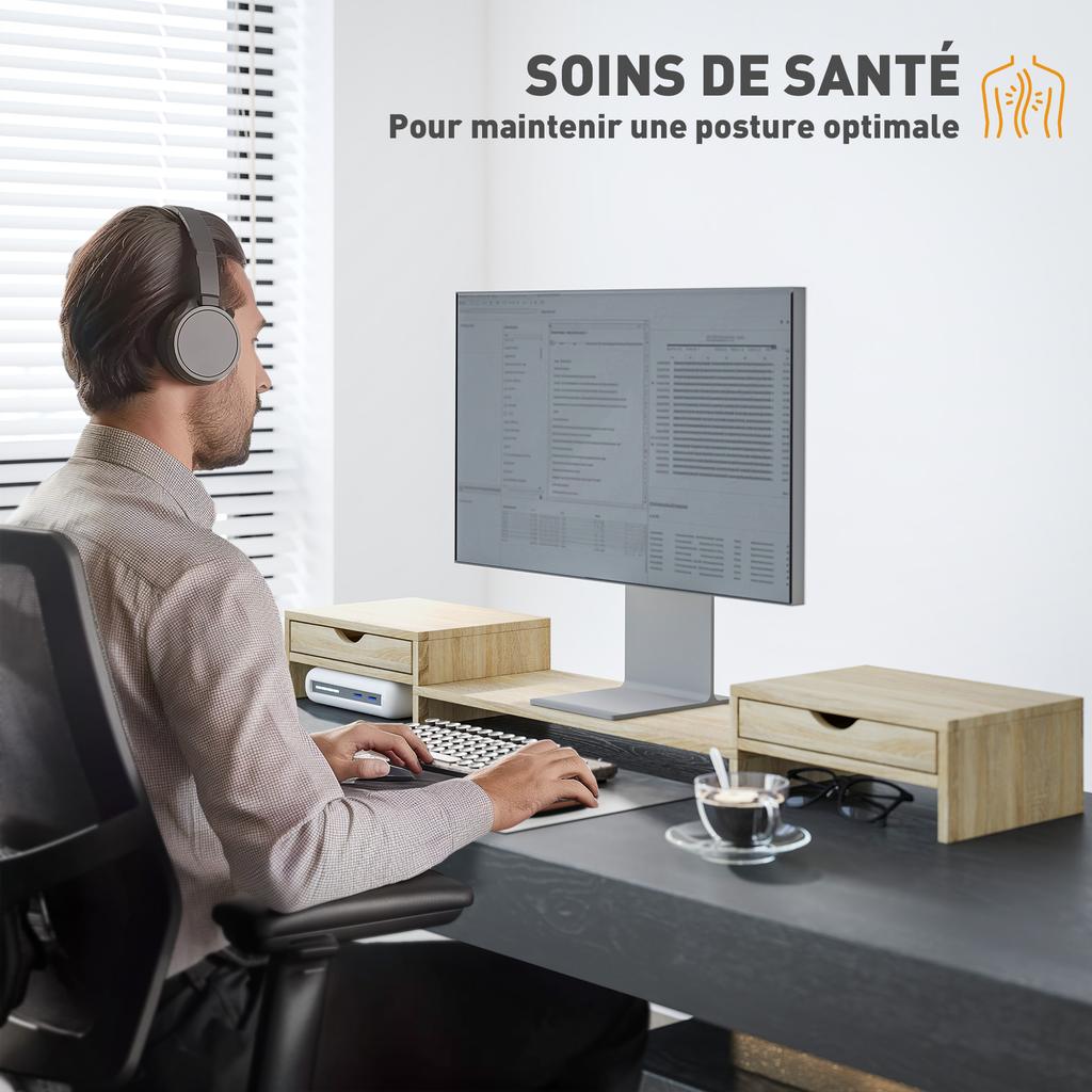 PC Screen Riser Desk Computer Monitor Stand 60-116 Cm with 2 Drawers, Adjustable Length and Angle