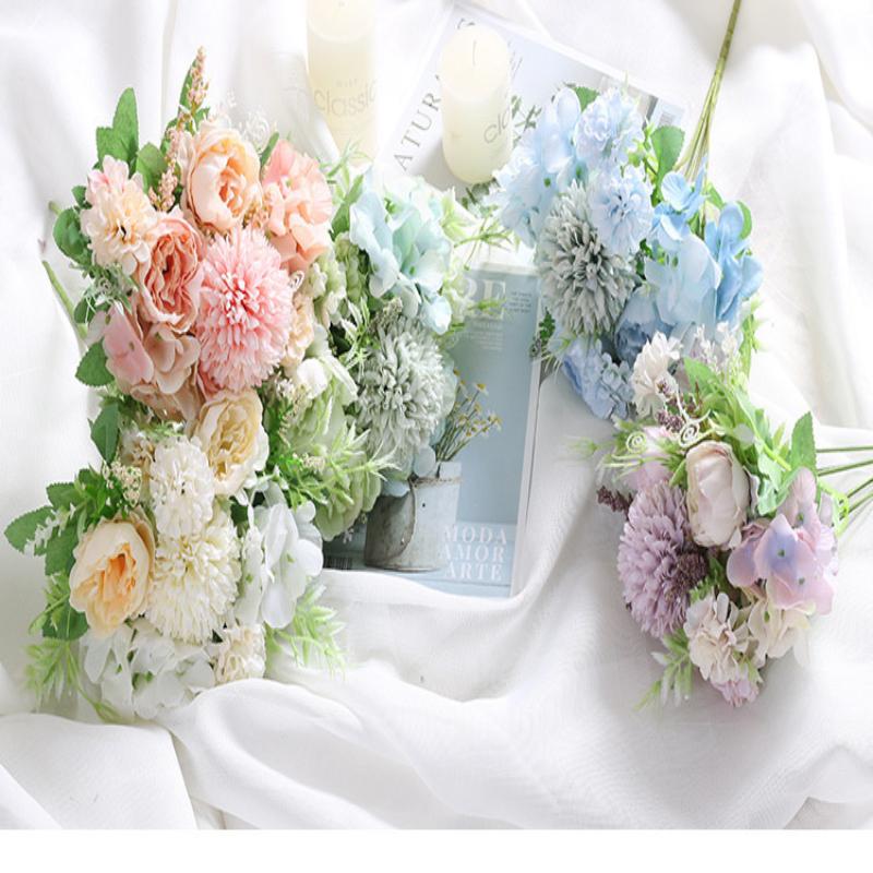 1Pc Artificial Flowers Wedding Home Bedroom Decoration Bridal Bouquet Garden Fake Silk Roses Hydrangeas Vase For Board Outdoors