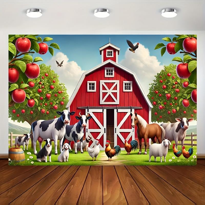 2D plane 1 farm scene featuring a red barn and various farm animals with a vibrant polyester background fabric (as the picture,100x150cm)