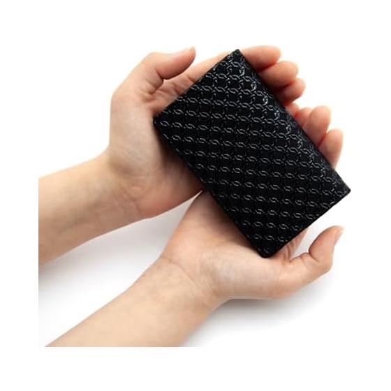 Inden Card Case / Business Card Holder, Deer Leather, Lacquer Craft, Gusseted, No. 2501, Black Base - Black Lacquer, Ring Pattern Small, 7cm X 11cm X