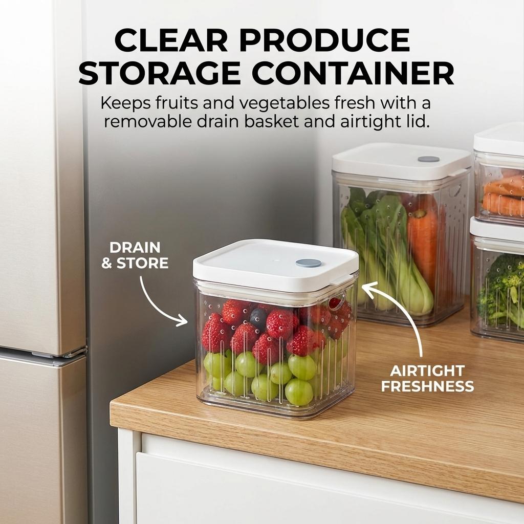 Vegetable And Fruit Storage Container With Draining Function For Refrigerator Kitchen Use