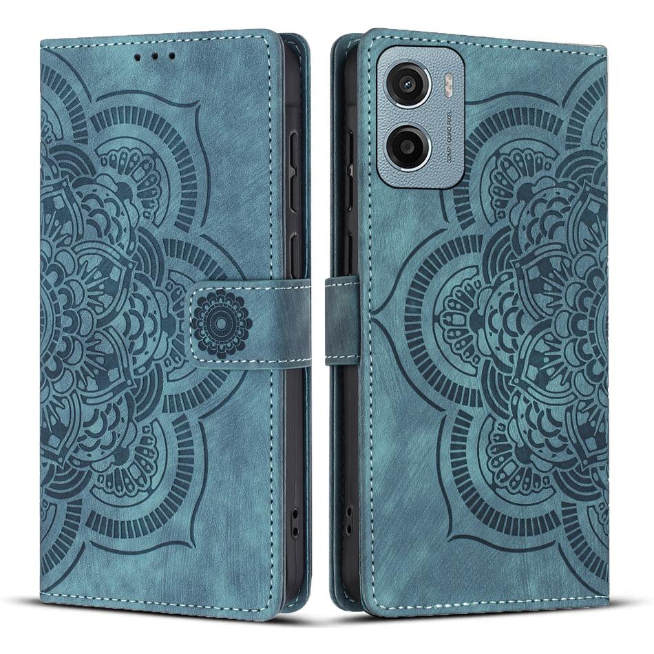 

For Motorola Moto E15 4G/Motorola Moto G05 4G Leather Case WANLONFENG HDM Series Mandala Imprint Wallet Stand Phone Cover Blue