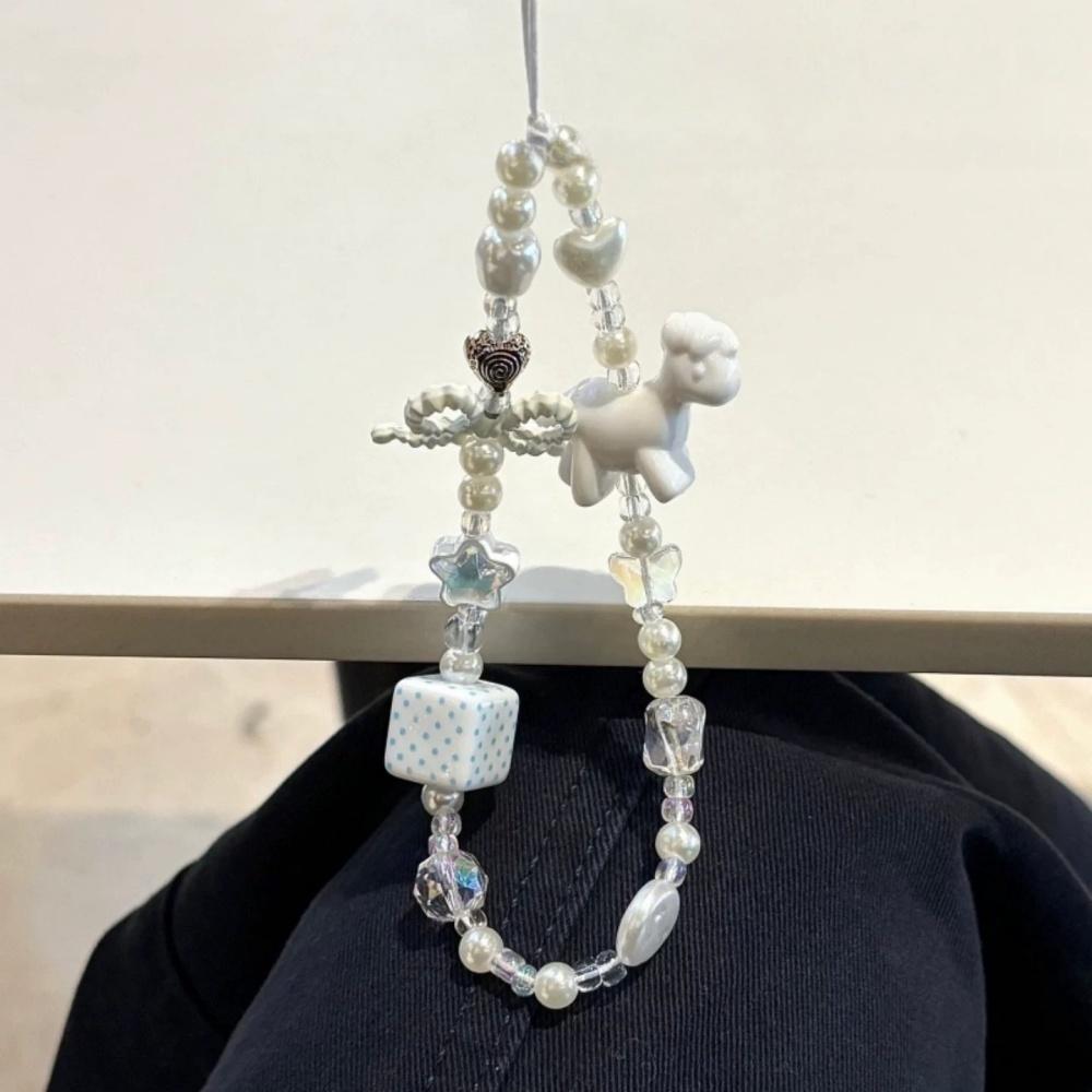 ins style white pony bow beaded phone strap for ccd camera bag charm phone case lanyard
