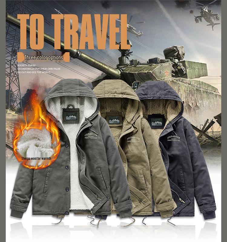 Lambswool Hooded Fleece-Lined Coat, Warm Outdoor Casual Plus Size Cotton Jacket