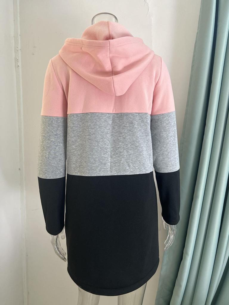 Women's Casual Color Block Hooded Jacket with Three-Color Splicing for Autumn/Winter