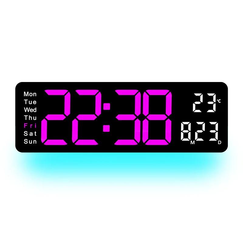 Rectangle Large Screen Digital Wall Clock with Atmosphere Light Date Time Week Temperature Display Electronic Alarm Clocks