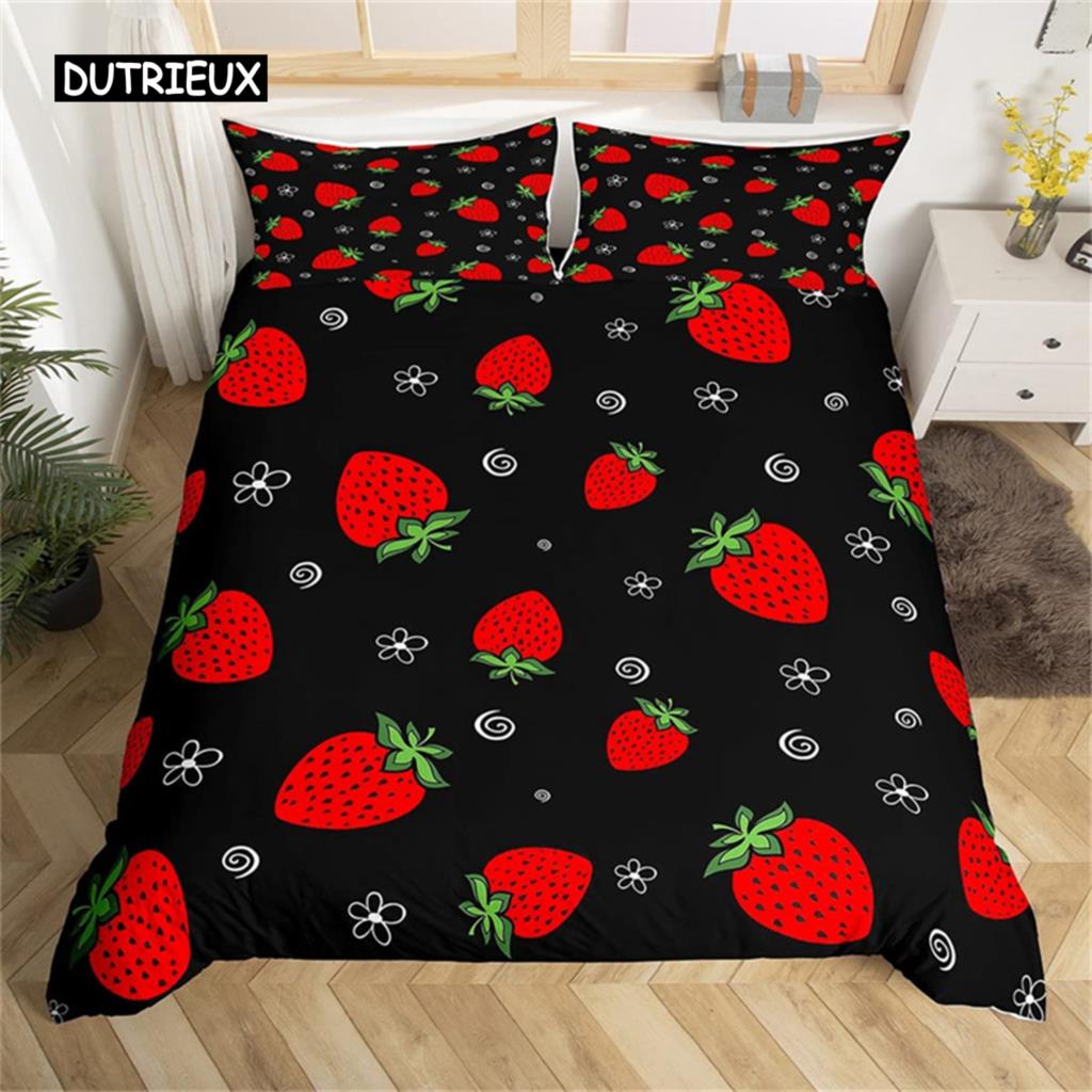 Duvet Cover Lovely Cartoon Strawberry Bedding for Girl Teen  Set Microfiber Blue Star Yellow Floral Quilt Cover Bedroom Decor