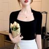 Hong Kong Style Retro Sloping Top Women's Black Collarbone Exposed Mid Sleeve T-shirt Tight and Sexy Five Quarter Sleeve Hepburn Style T-shirt JS