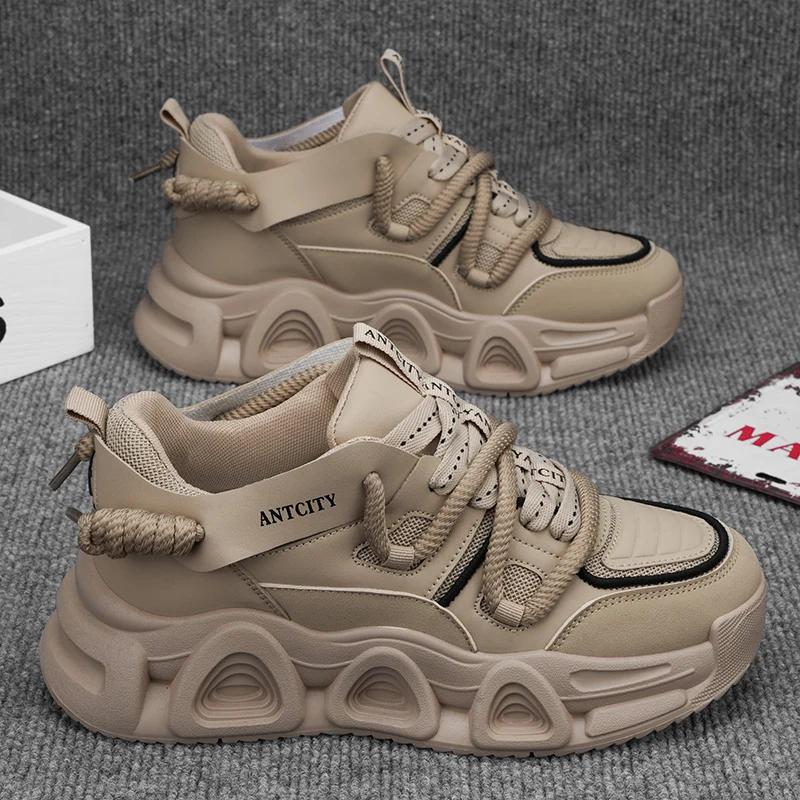 Chunky Sneaker Men Designer Distressed Sport Shoes Fashion Casual Leather Fabric Breathable Height Increased Flat Platform Shoes