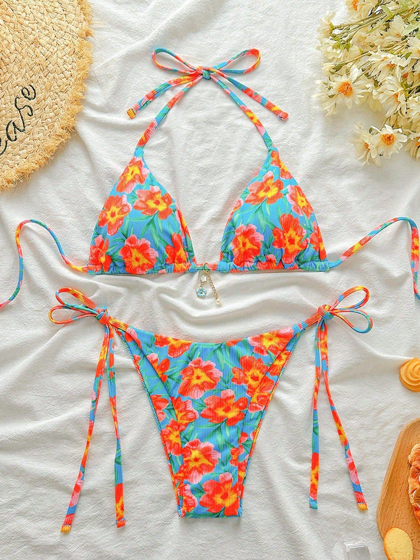 Ins Three-point Print Sexy Bikini Seaside Beach Backless Lace Split Swimsuit M