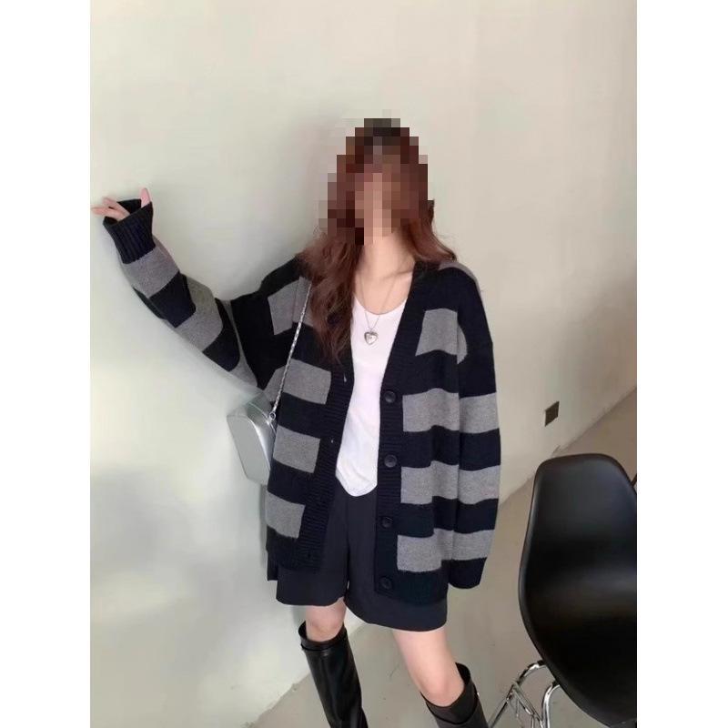 2025 Autumn/Winter Korean Style Loose Striped Knit Cardigan - Women's Versatile Slimming Sweater Coat