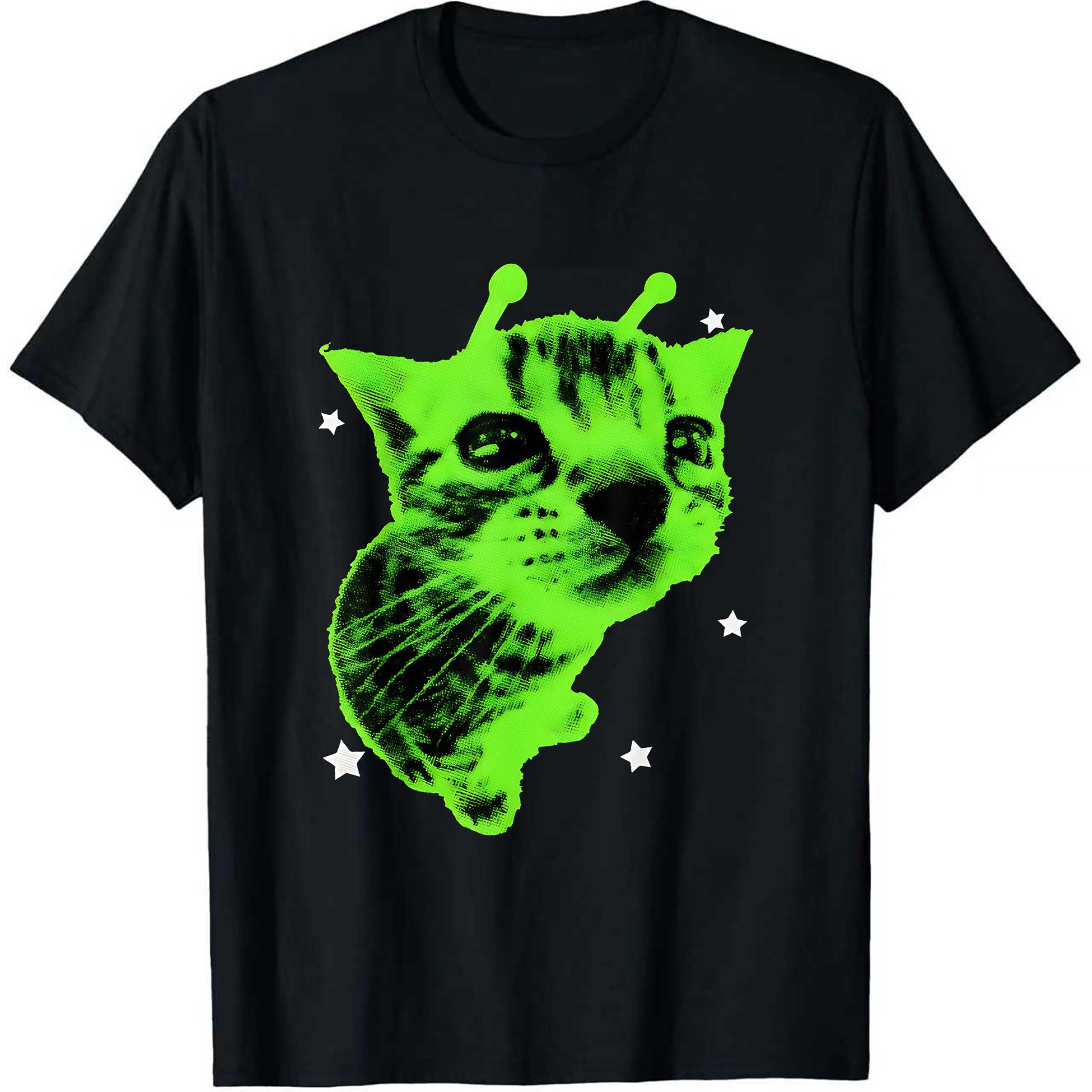 Y2k Alien Cat Meme TShirt Retro Retro Fun Cat Slogan Print Loose Casual TShirt Theme Party S