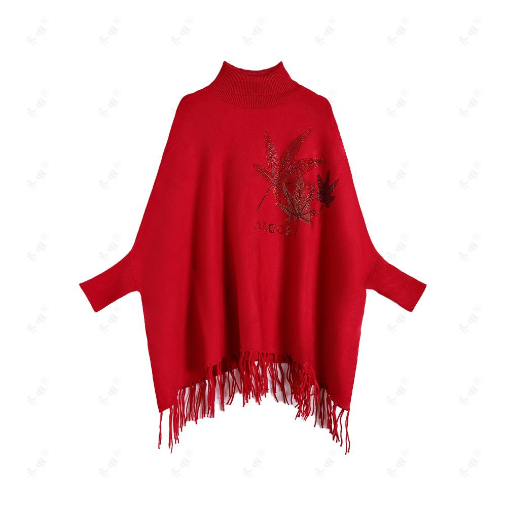 Autumn and Winter Maple Leaf Hot Diamond Loose Large Size Turtleneck Sweater Loose Pullover Batman Solid Color Knitted Jacket Women