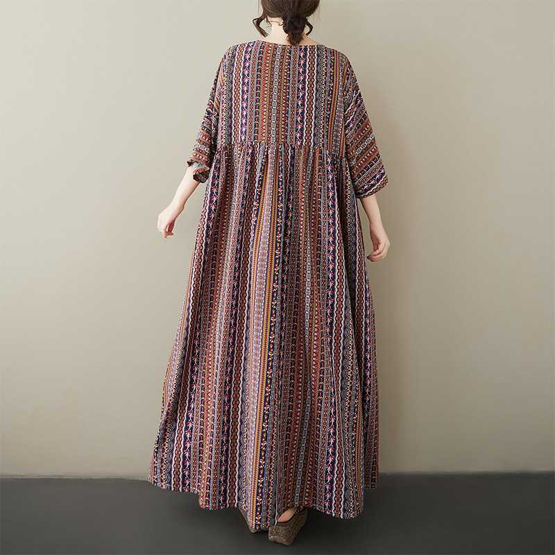 Summer Retro Age Reducing Ethnic Style Round Neck Short Sleeved Striped Dress