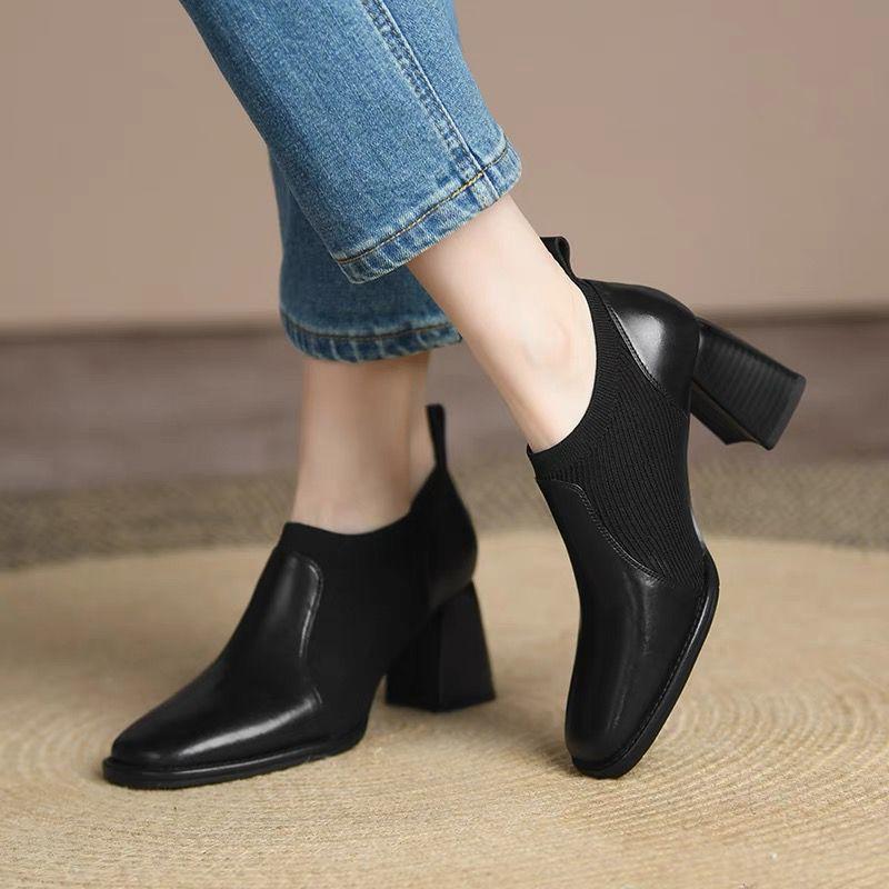 Fashion FHANCHU 2025 New Women Retro Naked Boots,Stretch Knitted Autumn Shoes,Slip on,Square High Heels Ankle Botas,Black,Brown.Dropship