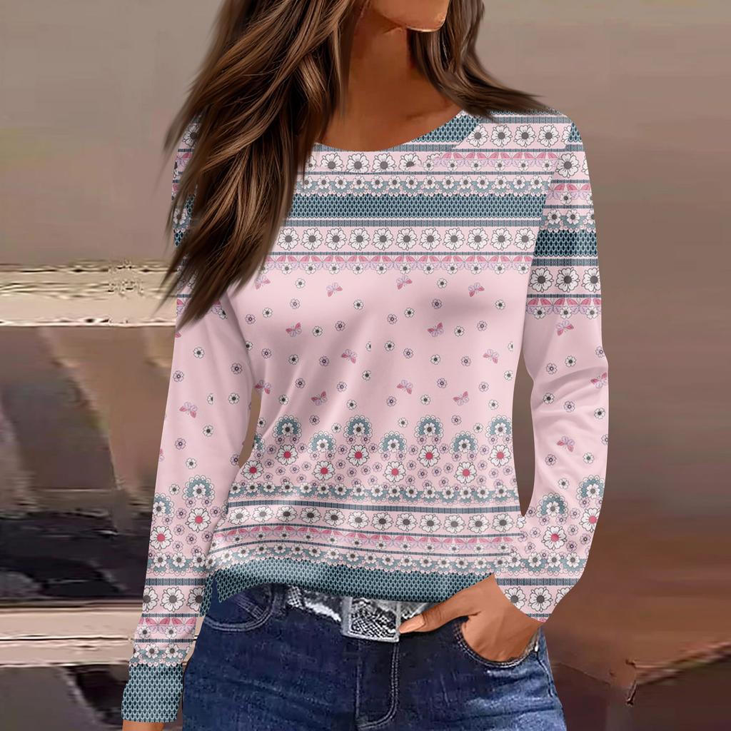 Damska modna, swobodna, rozcięta na dole, okrągły dekolt, długi rękaw, luźny, nadrukowany T-shirt