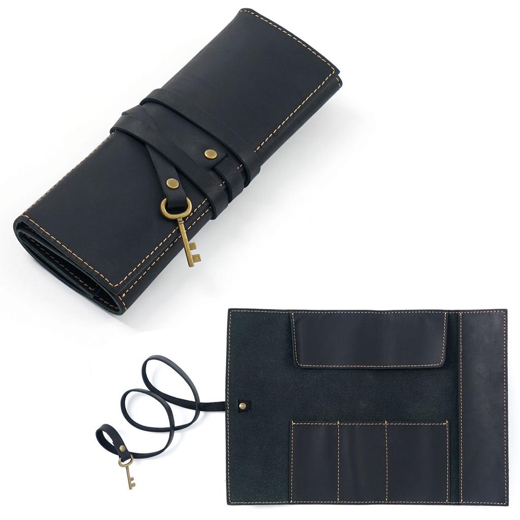 Vintage Foldable Brush Roll Pencil Cases Durable Crazy Horse Cow Leather Pen Organizer Fountain Pen Pouch Holder Zipper Closure