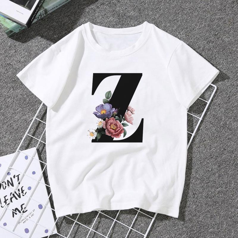 A B C D E English Alphabet Print T Shirt Women Short Sleeve Couples Lovers Female