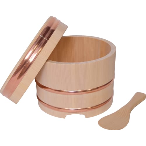 Kiso Kogei Kiso Sawara Edo-style Rice Container, 5-cup capacity, with handmade ladle, natural finish