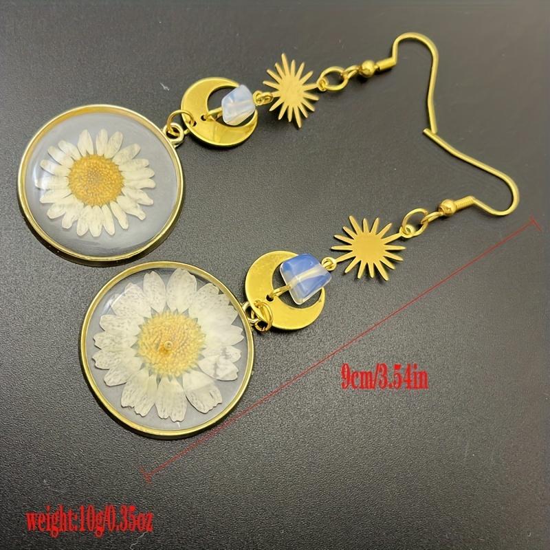 Soare auriu, lună, cu imprimeu de flori de margarete, cercei suspendați, drăguț, stil elegant, bijuterii din aliaj, cadou pentru femei la modă