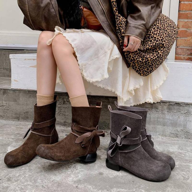 Autumn and Winter Women's Fashion Boots Solid Color Low Heel Large Size Women's Boots Cow Velvet Beef Tendon Sole New Versatile Low Boots Women