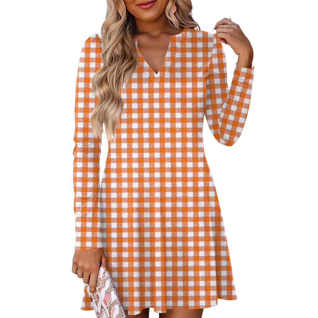 Women's Fashion Plaid V-Neck Long Sleeve Dress
