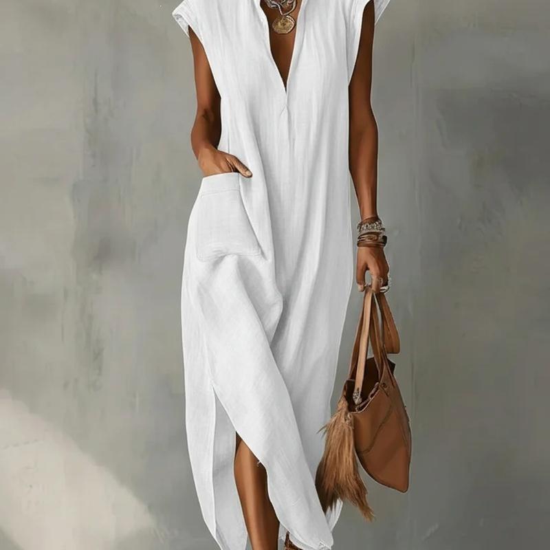 Abbigliamento Donna Estate Stile Europeo Abito Lungo Cotone Senza Maniche Monocolore Vestibilità Larga Scollo a V Casual