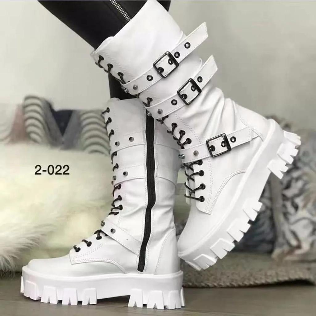 Damskor Ny Mode Stövlar med Korsband Sidozipp Moderna Stövlar Dam Högkvalitativt Spänne Mid-Calf Stövlar