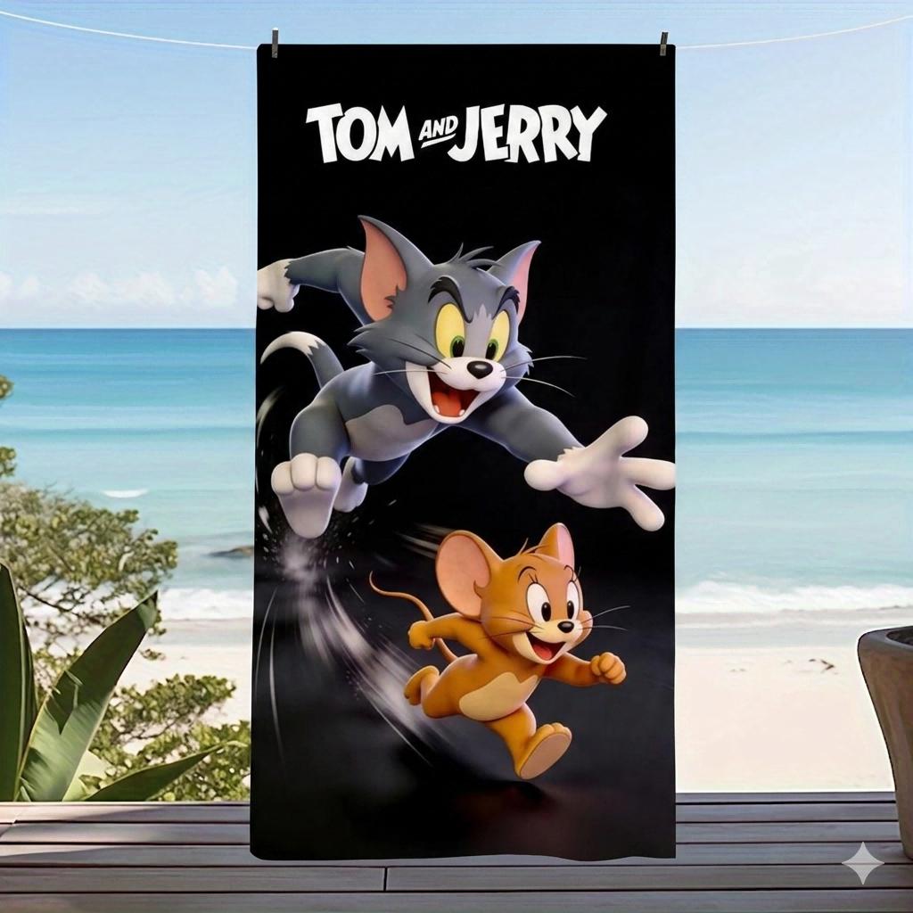 Vintage Cartoon T-Tom and J-Jerry Print Beach Towel Soft Quick Dry Absorbent Large Towel for Beach Camping Bath Kids Fans