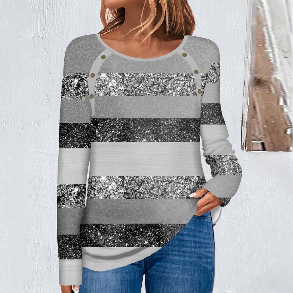 Women's Fashion Casual Round Neck Long Sleeve Floral Print Button Decorated T-Shirt Top