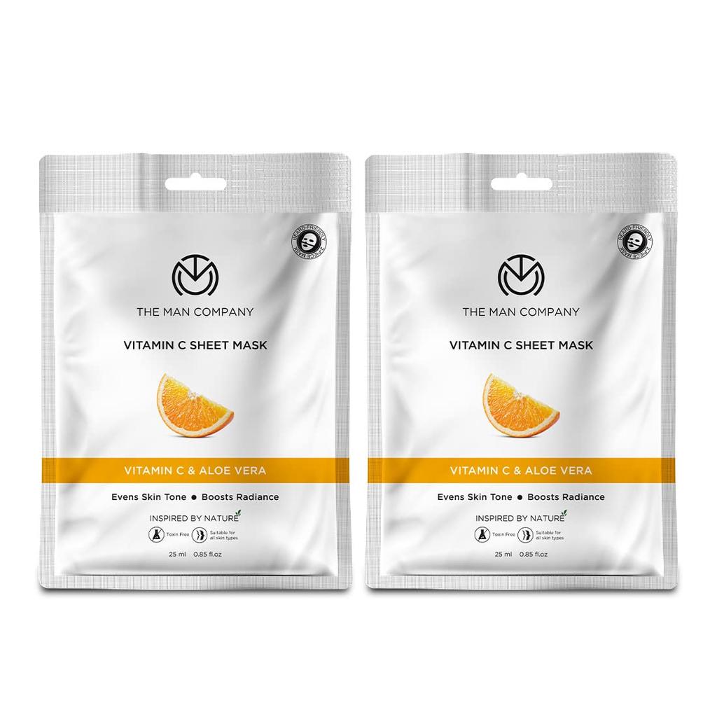The Man Company Vitamin C Sheet Mask with Hyaluronic Acid & Lemon, Boosts Collagen, Brightening, Improves Skin Tone, Deep Cleanses, 25Ml X 2
