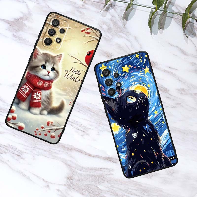 Cute cartoon cat illustration Phone Case For Samsung A73 A72 A71 A55 A54 A53 A52 A51 A13 A22 A16 A15 A12 A14 A26 A07 5G Black