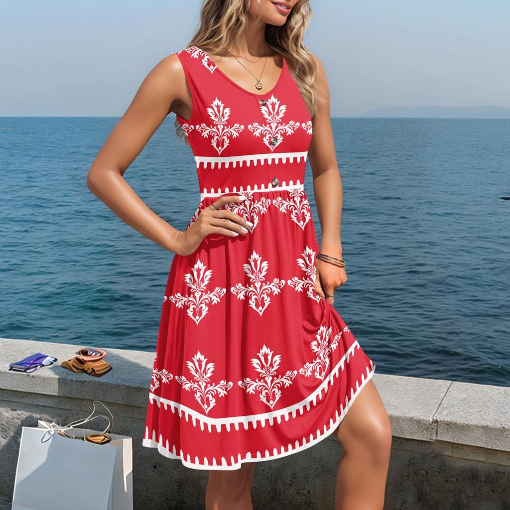 Damen Lässige Ärmellose Sommerkleider Frühling Rundhals Patchwork Boho Floral Cocktailparty Kleid