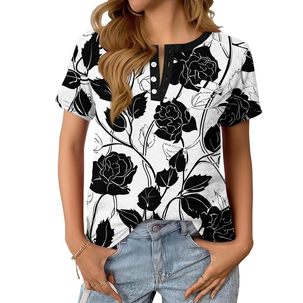 Women's Fashionable Casual Summer Floral Print V-neck Button Short-sleeved Top