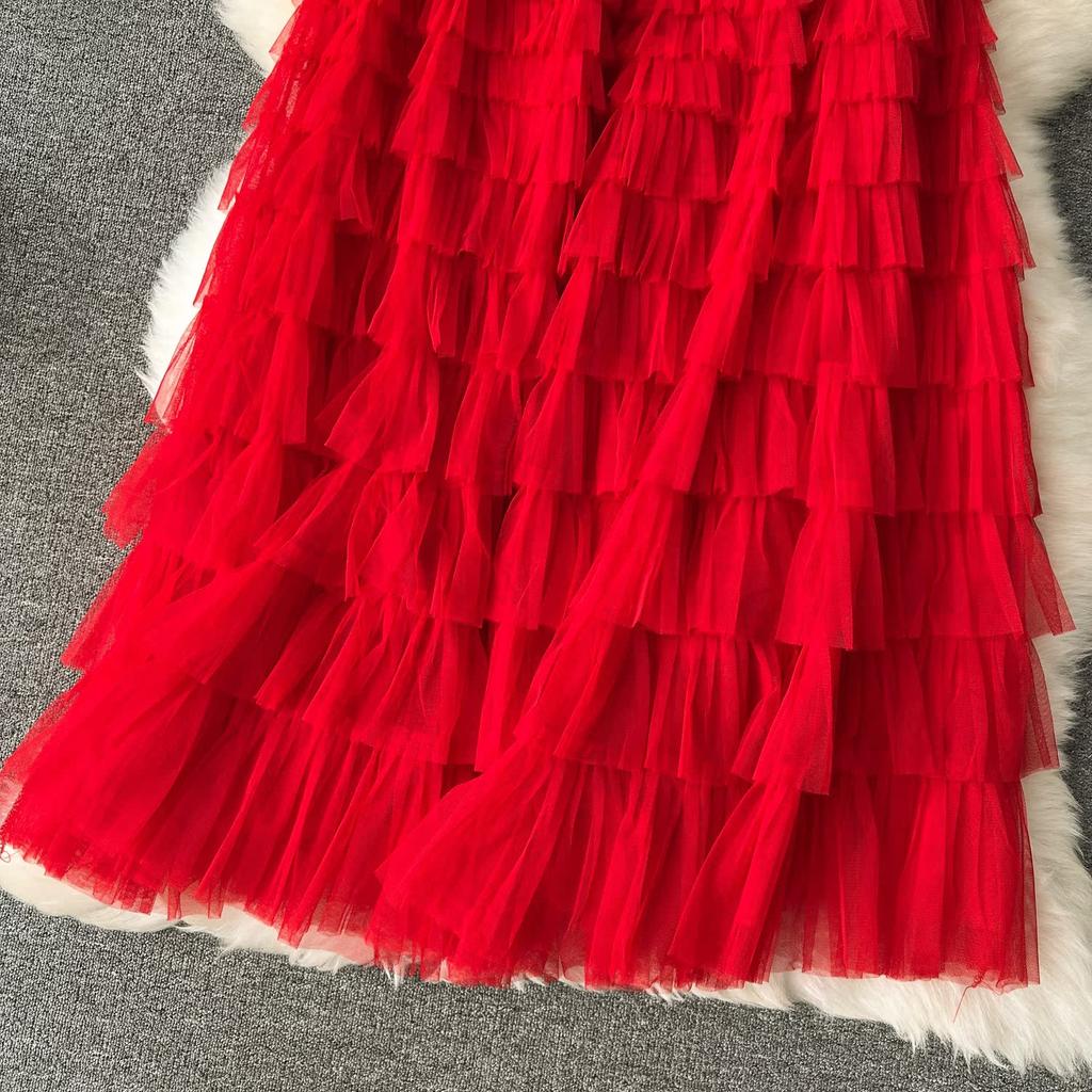 Summer Women Elegant Ruffles Mesh Elstic Waist Long Midi Cake Skirt