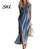 Everyday Wear Dress Women's Sleeveless Hoodies Maxi Dress, Button Up Side Slit Tank Beach Women with Pockets, Zip V Neck Hooded Summer Lightweight