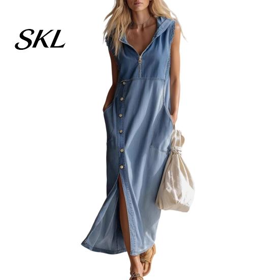 Everyday Wear Dress Women's Sleeveless Hoodies Maxi Dress, Button Up Side Slit Tank Beach Women with Pockets, Zip V Neck Hooded Summer Lightweight
