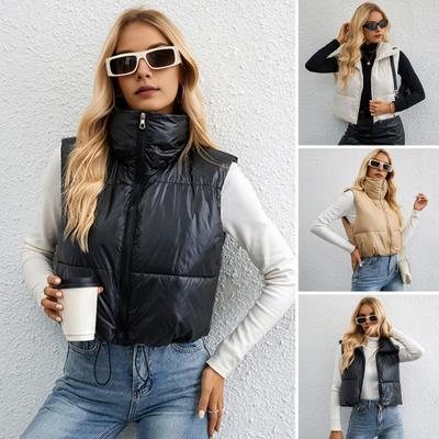 Women's Padded Vest Lightweight Stand Collar Sleeveless Short Warm Vest Drawstring Hem Zipper