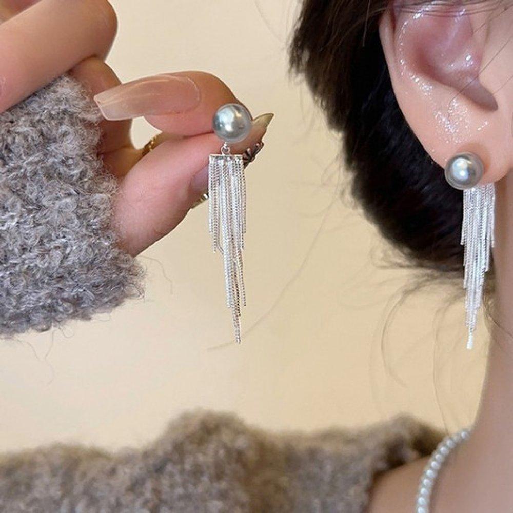 [Dijakso] Women's Elegant Pearl Earrings with Tassel [Silver Needle]