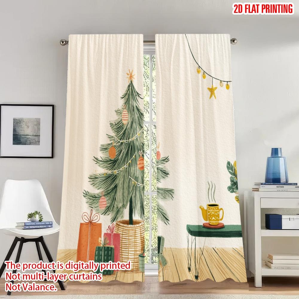 

2pcs 2D flat printing Popular Christmas curtains Cozy Christmas Tree Gifts Cozy Digital Printed Polyester Drapes Party 100*130 HOOK 1pcs
