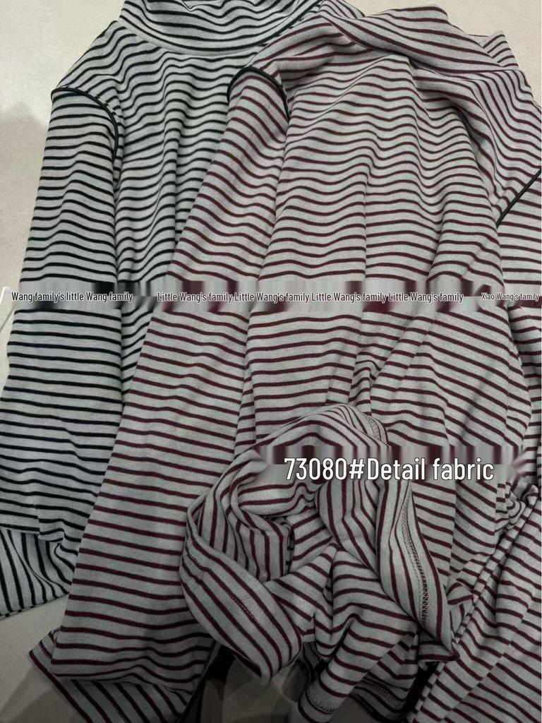 Xiao Wang's 73080 Winter Korean Loose Fit Plus Size Graphene Warm High Neck Striped Shirt