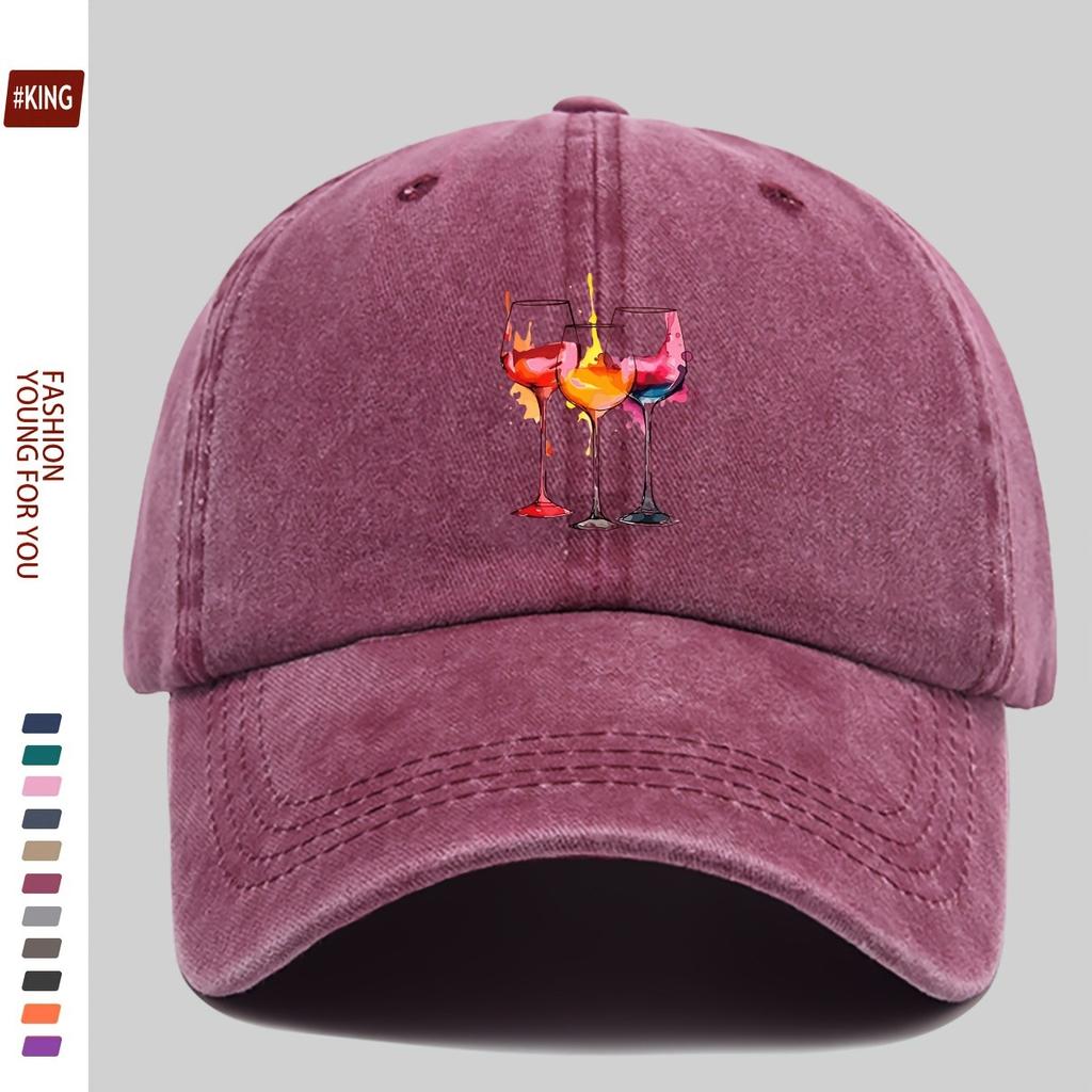 Cappellino da Baseball in Cotone Lavato con Disegno di Calice da Vino, Cappello in Denim Regolabile, Unisex, Casual, per Esterno, Cappellino da Golf