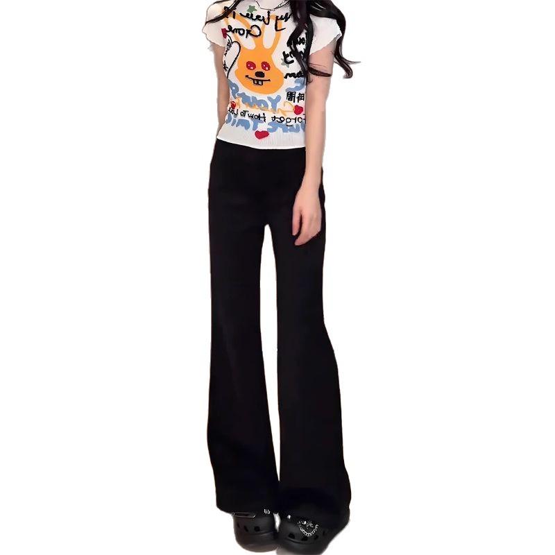 Damen Jeans in Übergröße, Schwarz, Stretch, Micro Flare, High-Waist - Frühling/Herbst, Schlankmachende gerade Beine, Trompetenhose