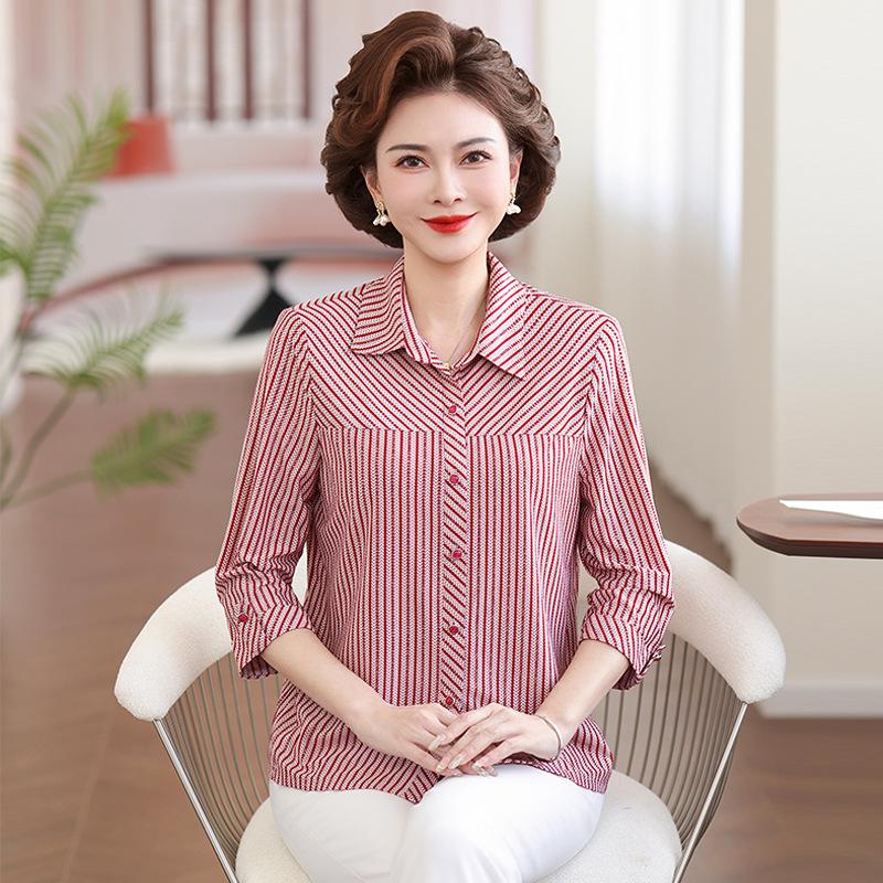 

Spring & Summer Vertical Striped Shirt for Middle-aged Women - Three-quarter Sleeves, Lapel, Stretchy & Fashionable Casual Top 3XL (recommended 60-67.5 kg) червоний
