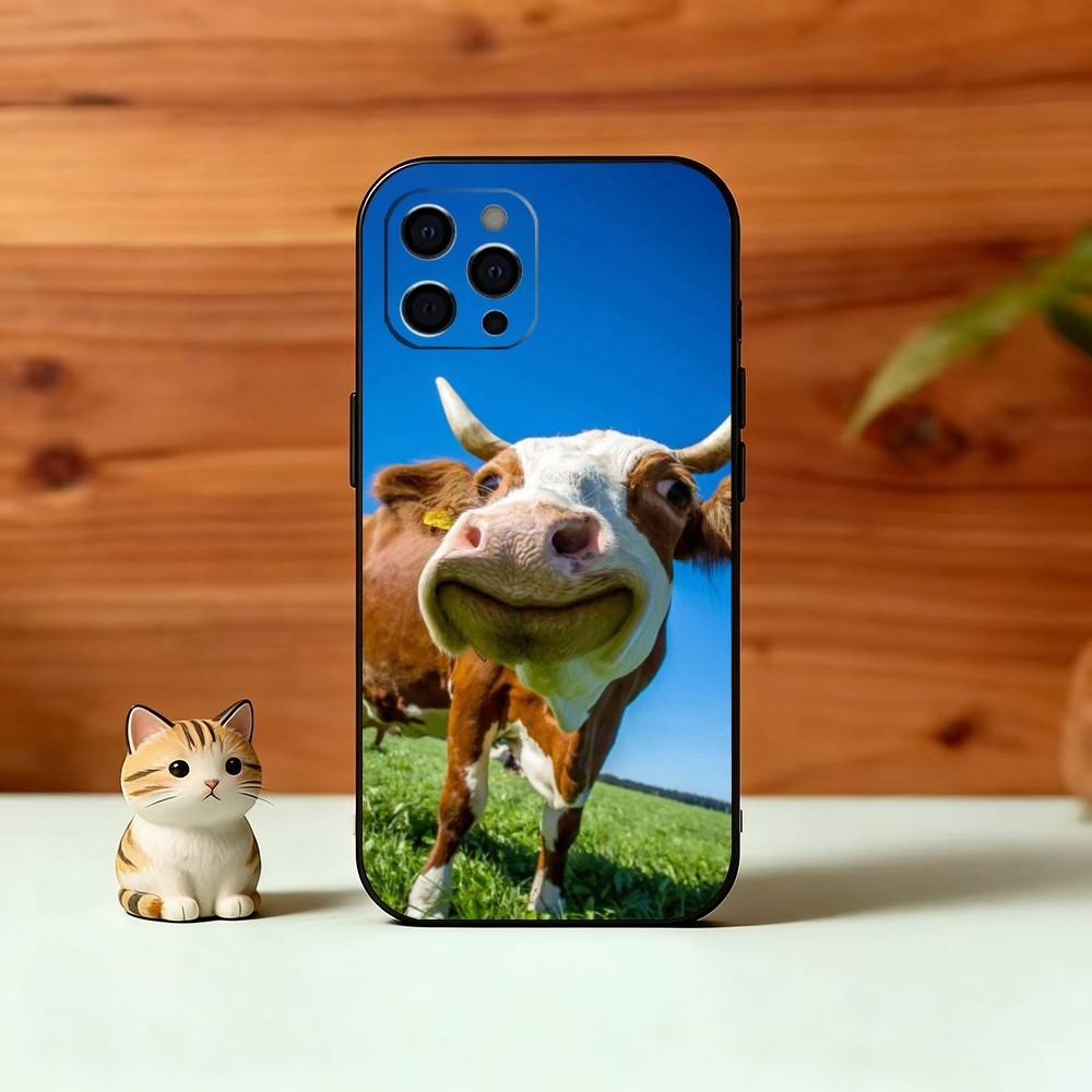 Cute Cattle Phone Case For iPhone 17,16,15,14,13,12,11 Plus,Pro Max,XS,Soft Silicone Black Cover