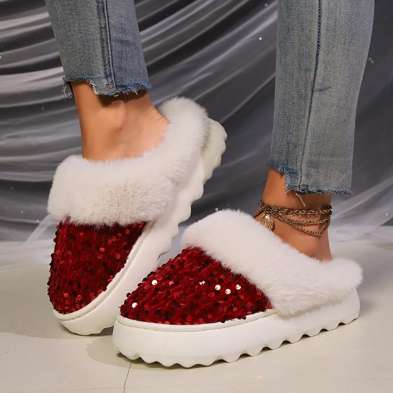 Cotton Slippers with Girly Glitter, Wide Fuzzy Collar, Plush-Topped, Warm Home Cotton Slippers