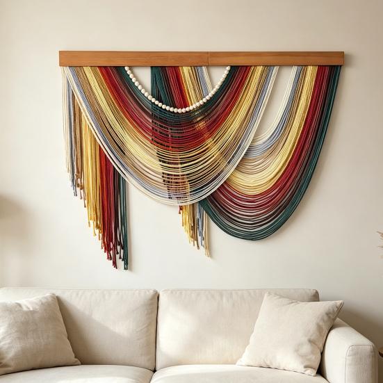 Decorazione da Parete Boho Arazzo Boemo Arte da Parete Fatta a Mano con Nappa Grande Sfondo in Corda di Cotone Intrecciata per Soggiorno Camera da Letto Asilo