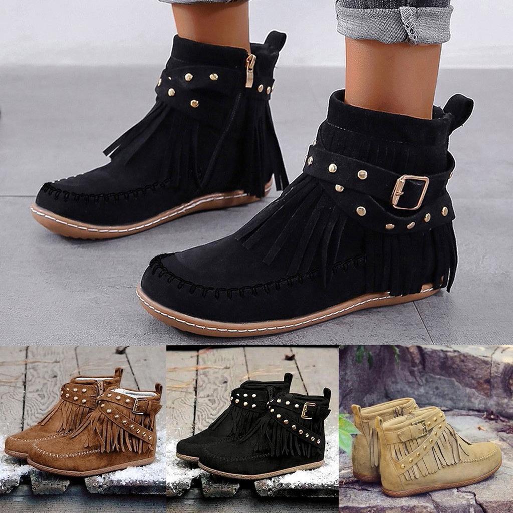 Hot Boots Women Solid Color Retro Toe Round Short Shoes Tassel Zipper Flat Color Booties Women'S Boots With Heel Bottes Femmes