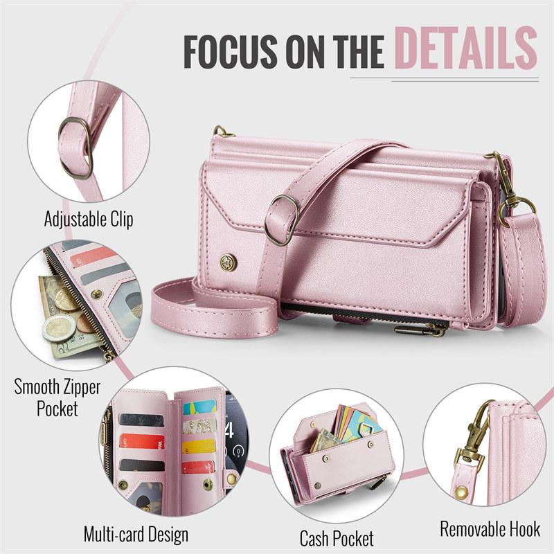 Capa de Celular de Couro Flip com Cordão Longo para iPhone 17 Pro Max Air 16E 16 Plus 15 14 13 12 11 X XS XR SE 2022 8 Carteira com Zíper Porta Multi Cartões Capa