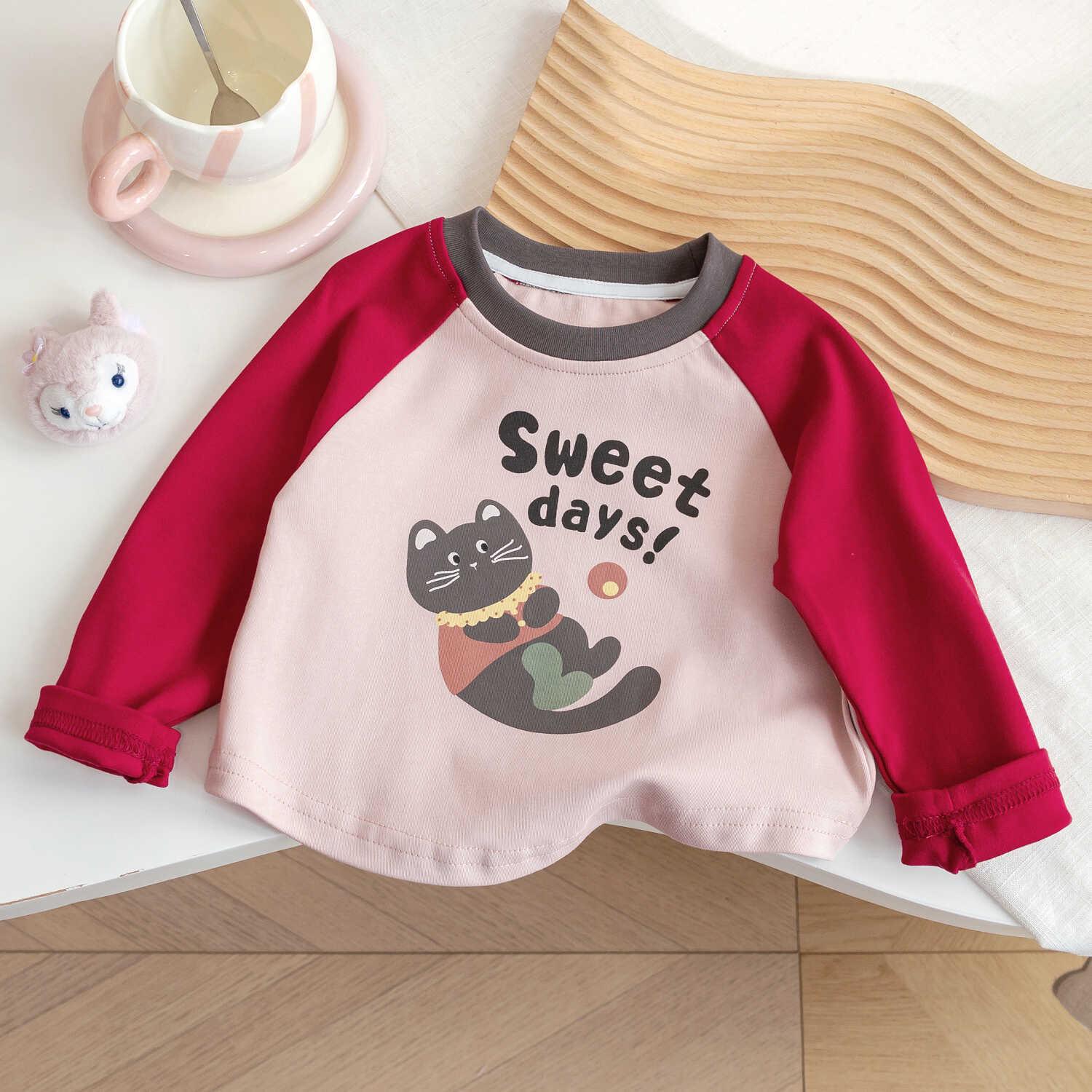 

Korean Autumn Cartoon Girls Long Sleeve T-Shirt: Cute, Color Block, Versatile Print 90